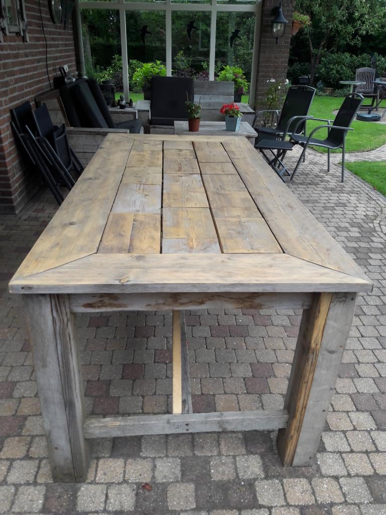 Steigerhouten tafel met  6 krukjes, Ophalen, 75 cm of meer, Oud steigerhout, 200 cm of meer