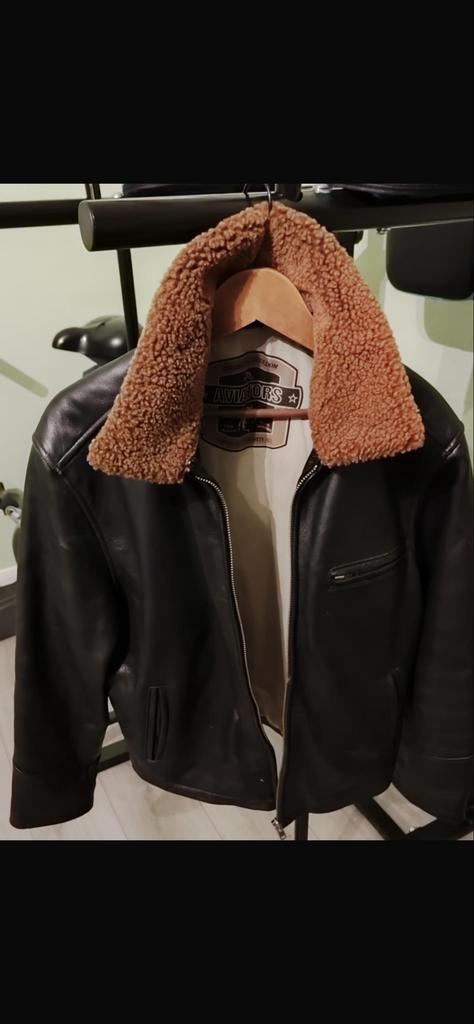 Leren jas met teddy kraag, maat M, Ophalen of Verzenden, Gedragen, Maat 48/50 (M), Bruin