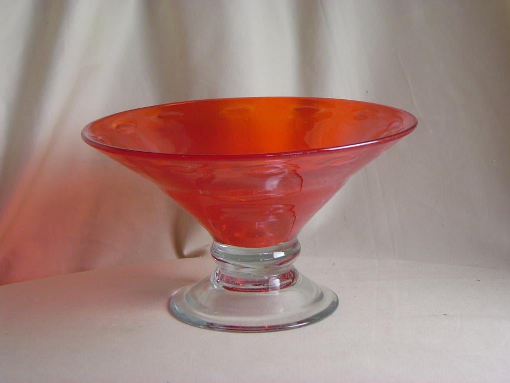 Handgeblazen oranje glazen fruitschaal, Schaal, Rond, Ophalen of Verzenden, Glas