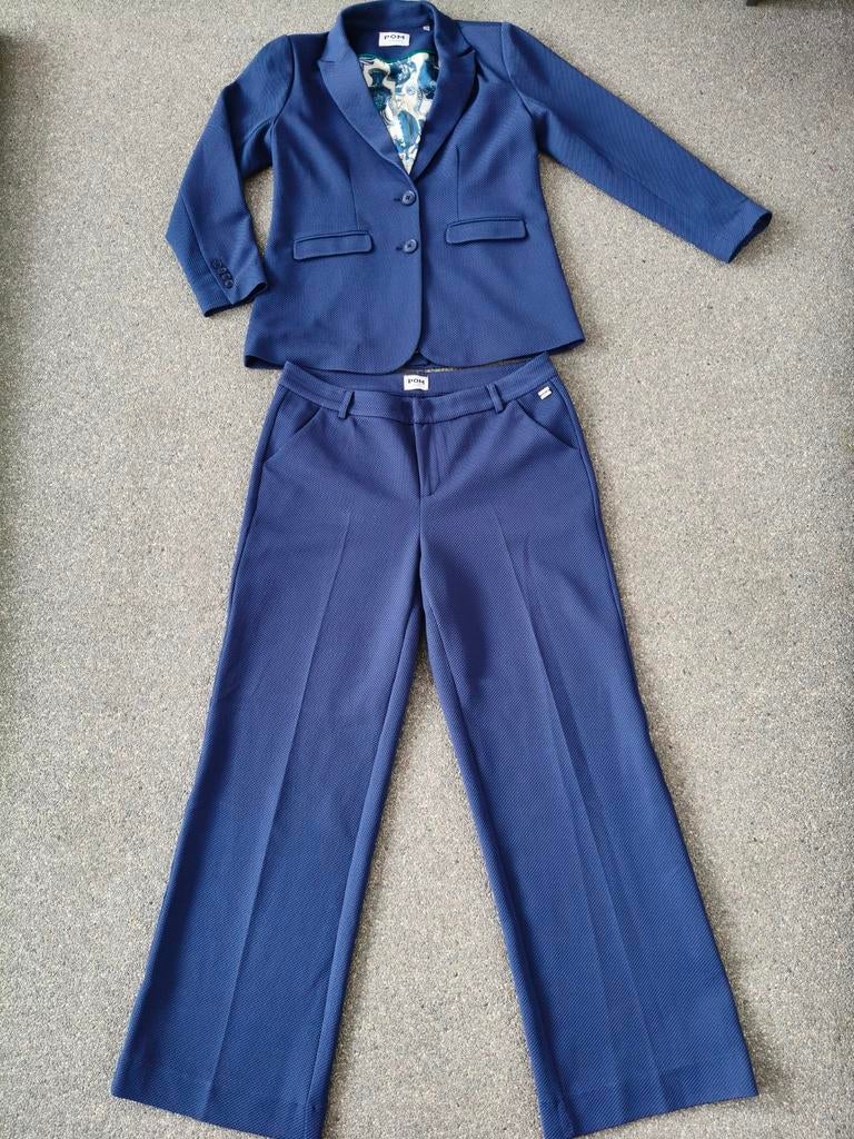 Pom Amsterdam Wafelstof Pak - Broek (42) & Blazer (40) Blauw, Kleding | Dames, Kostuum of Pak, Maat 42/44 (L), Zo goed als nieuw
