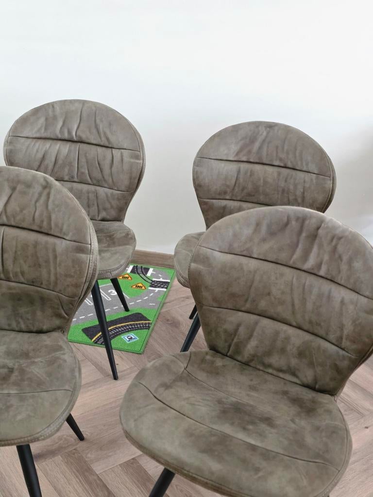 4x eetkamerstoelen olijfgroen stof/metaal Leenbakker Lenn, Ophalen, Gebruikt, Overige kleuren, Vier