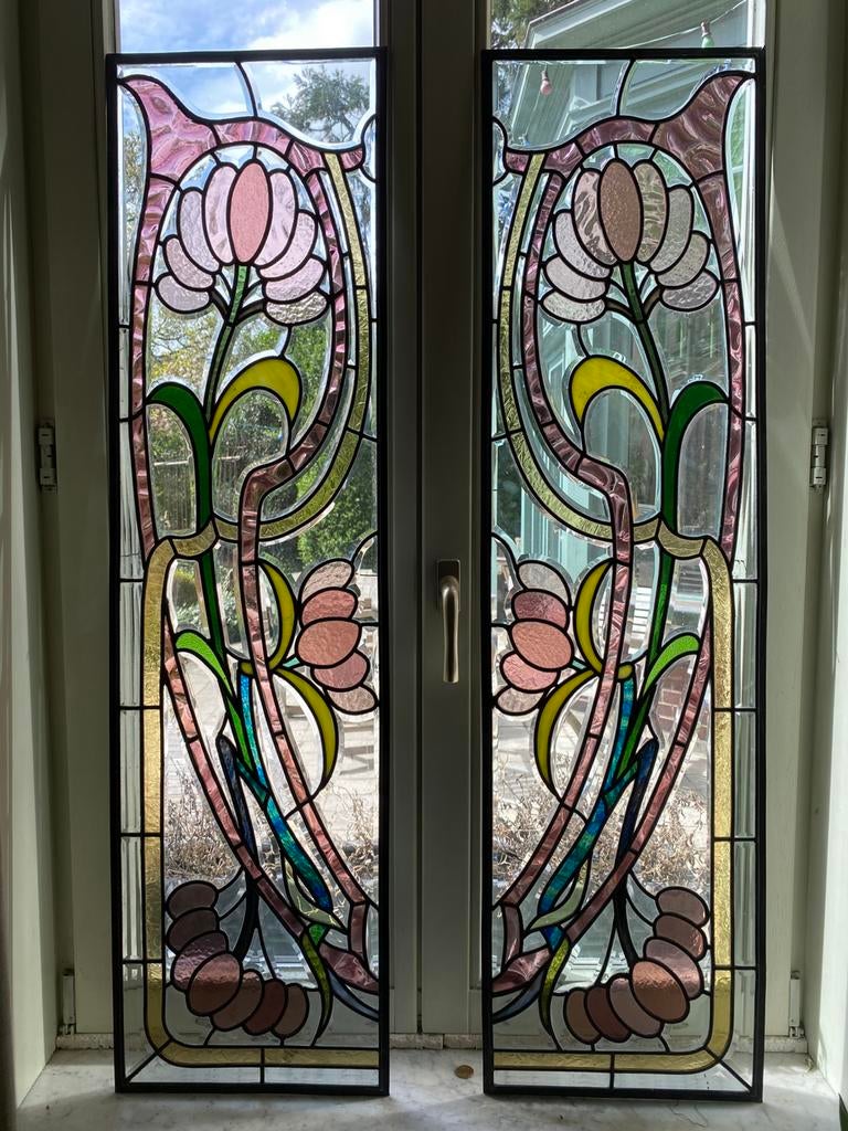 bijzonder fraai koppel glas in lood ramen, Ophalen of Verzenden