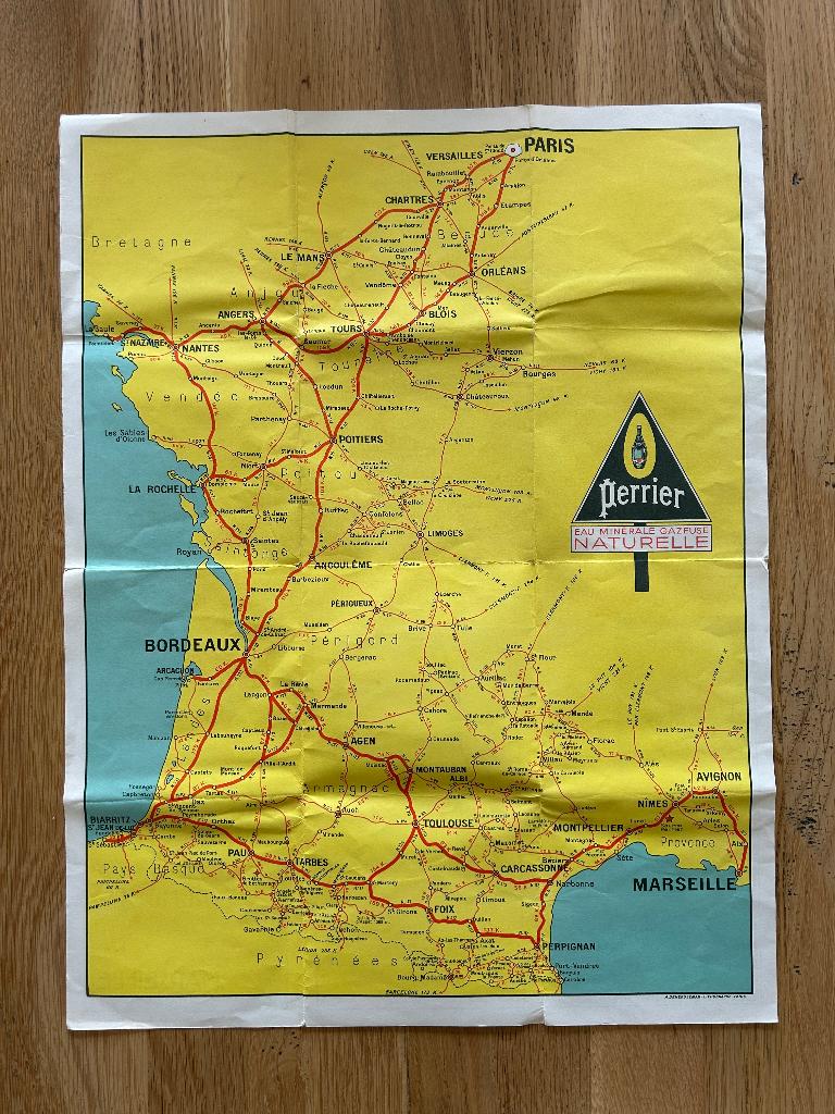 oude franse wegenkaart Perrier Paris Biarritz Marseille, Antiek en Kunst, Curiosa en Brocante, Ophalen of Verzenden