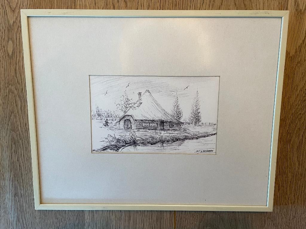 D272 Lijst met Tekening Boerderij Jan van Aalderen, Antiek en Kunst, Ophalen of Verzenden