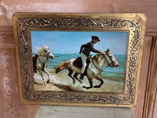 Groot vintage blik Belgie. Spaanse ruiter paarden / schimmel, Ophalen, Zo goed als nieuw, Overige