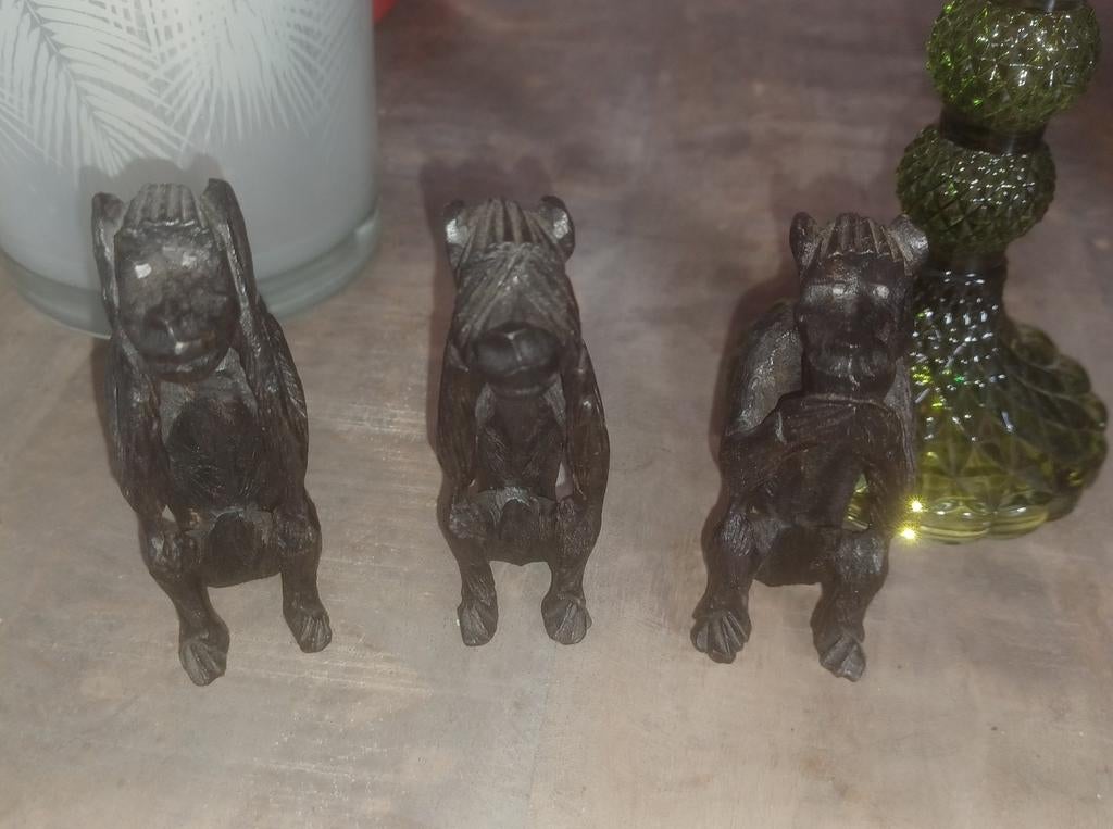 Antieke ebbenhout aapjes Horen, Zien en Zwijgen houtsnijwerk, Antiek en Kunst, Ophalen of Verzenden