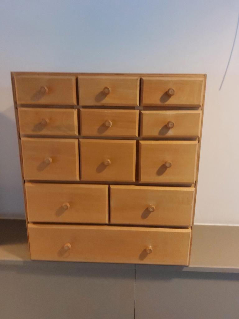 Vintage houten ladenkastje met 12 lades – hobby / atelier /, Ophalen of Verzenden