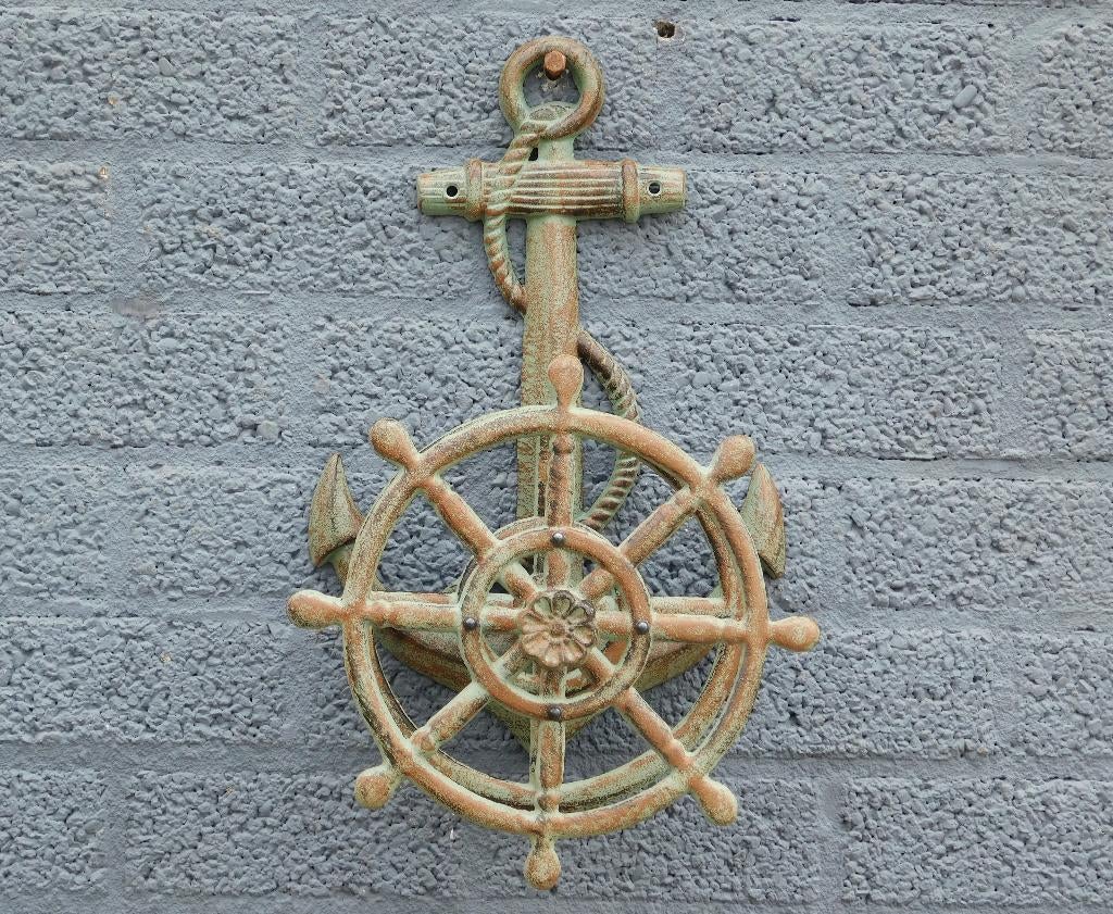 Waterslanghouder gietijzer groen-bruin met anker, Tuin en Terras, Tuinwanddecoratie, Ophalen of Verzenden