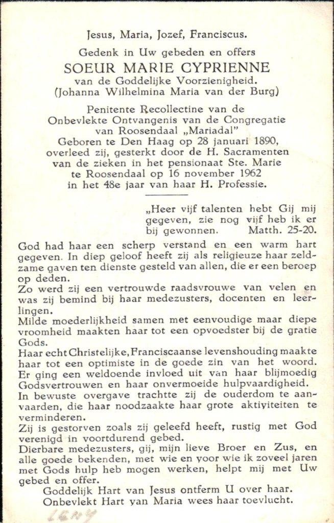 Burg van der Johanna Wilh. M. 1890 Den Haag- 1962 Roosendaal, Verzamelen, Bidprentjes en Rouwkaarten, Ophalen of Verzenden