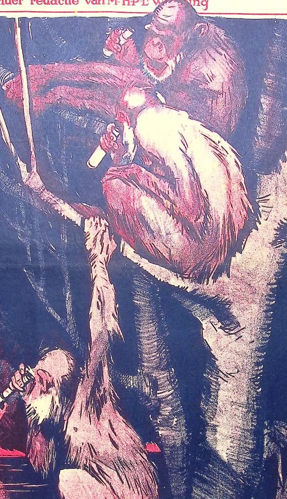 Oorlog in Europa vanuit perspectief van apen op spotprent, Antiek en Kunst, Kunst | Litho's en Zeefdrukken, Ophalen