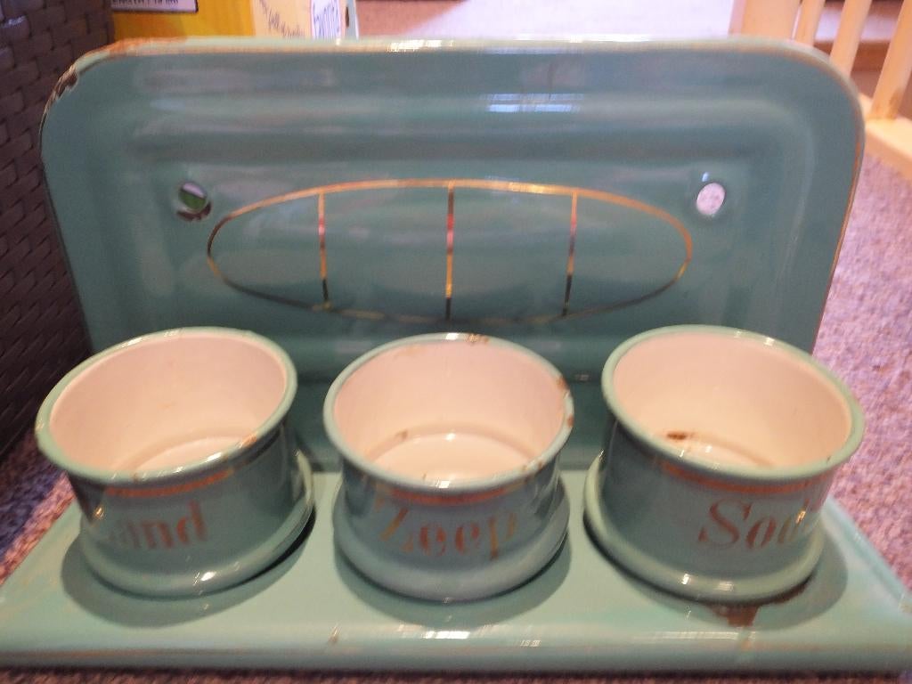 Emaille Zand Zeep Soda Zeldzaam Model Mintgroen Goudbiezen, Ophalen of Verzenden