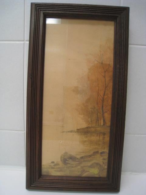 Tekening waterkant met hersttafereel, B 19cm x H 37cm, Ophalen of Verzenden