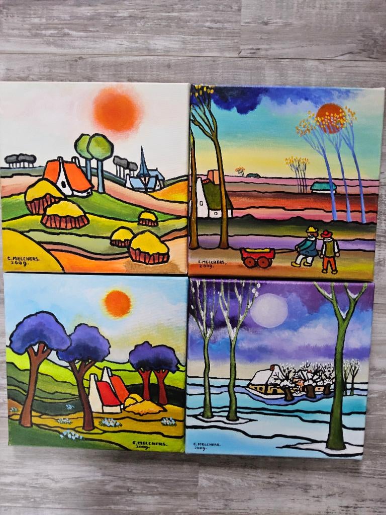 Schilderijtjes naïeve kunst, Ophalen of Verzenden