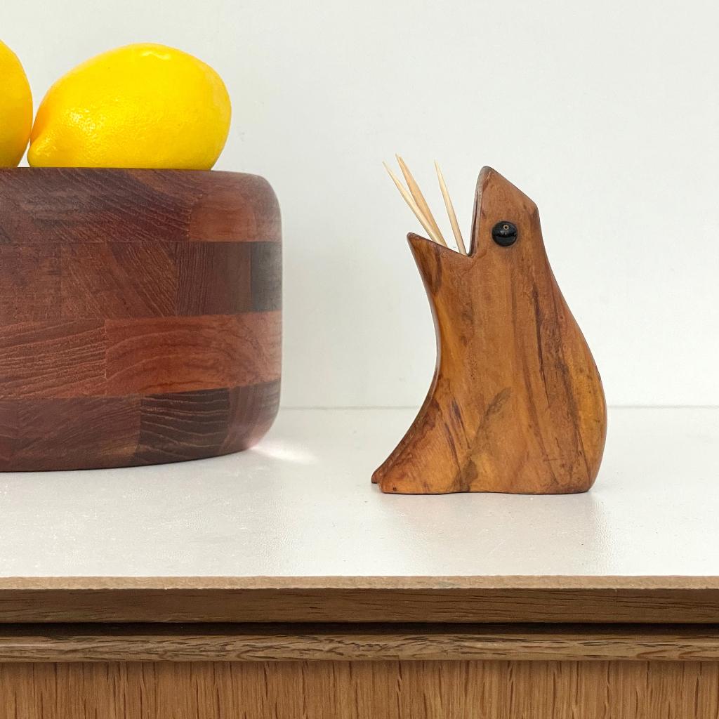 vintage houten HOUDER cocktailprikkers tandenstokers kikker, Ophalen of Verzenden, Gebruikt