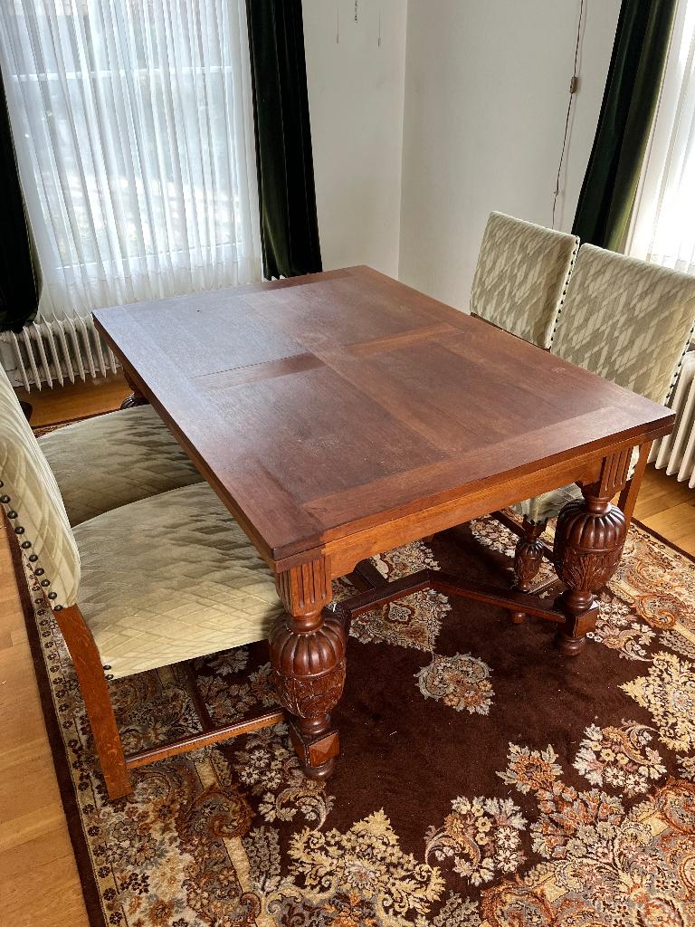 Eiken tafel met stoelen, Ophalen, Gebruikt, Eikenhout, 200 cm of meer