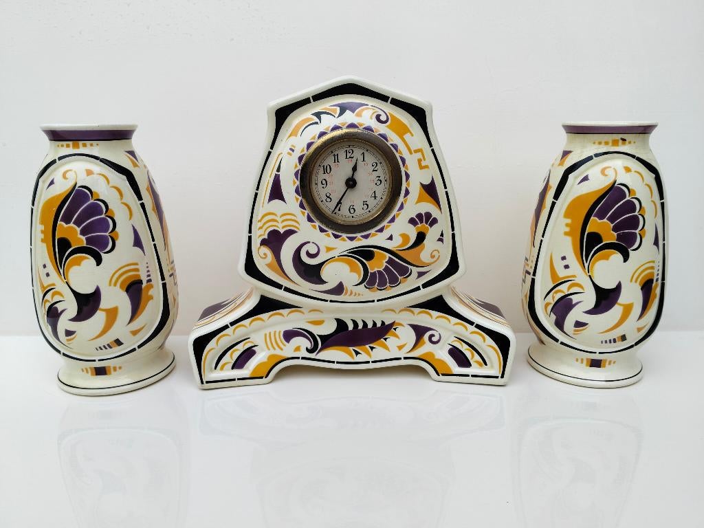 Art Deco/Nouveau klokkenstel met vazen (schouwgarnituur), Ophalen of Verzenden