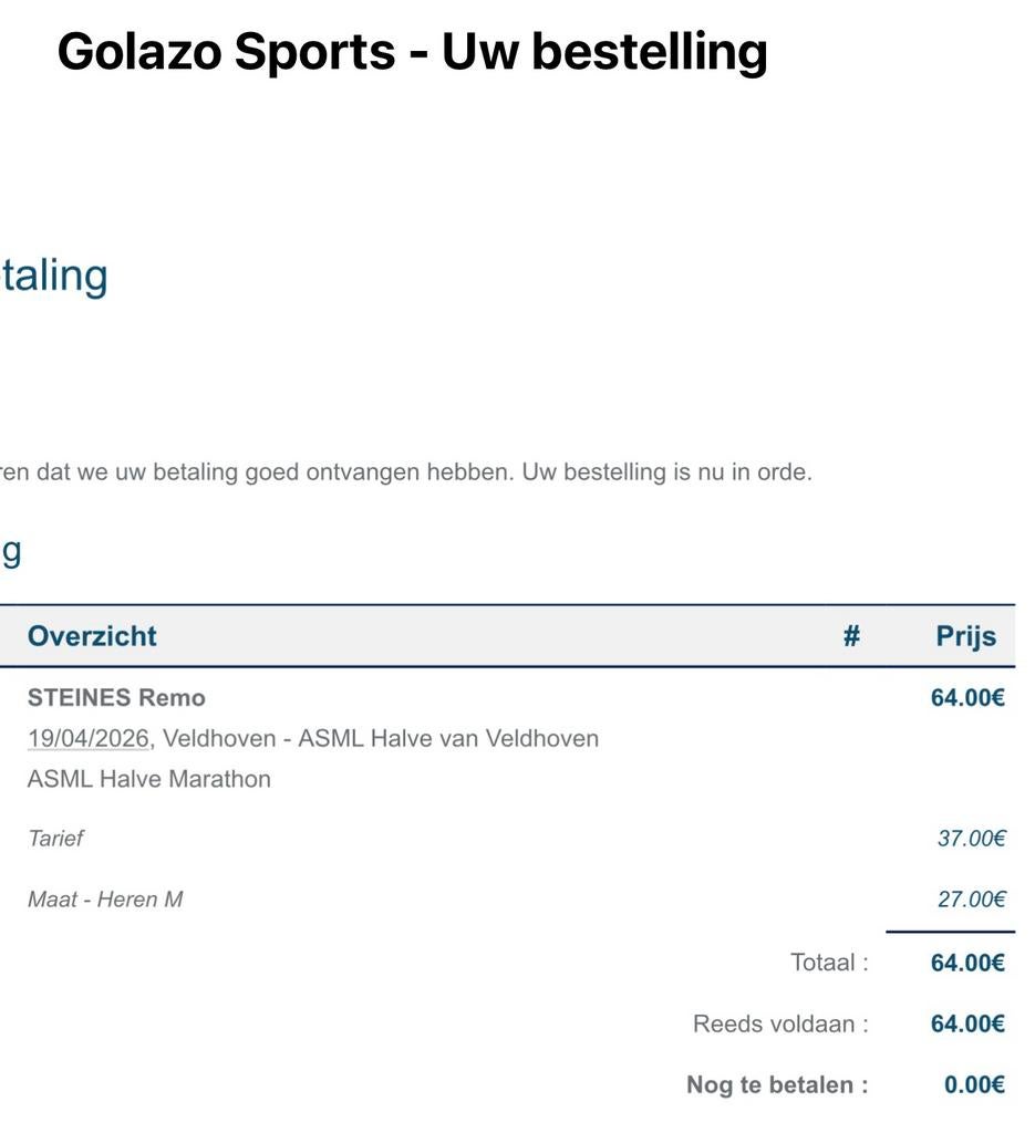 Startbewijs halve marathon veldhoven 19-4-26, Eén persoon, Overige soorten, Overige typen