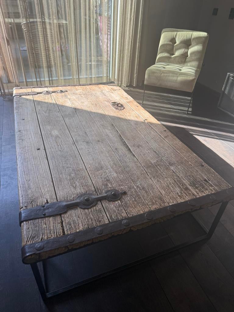 Unieke handgemaakte salontafel van Indiase deur, Ophalen, Gebruikt, 100 tot 150 cm, 50 tot 100 cm