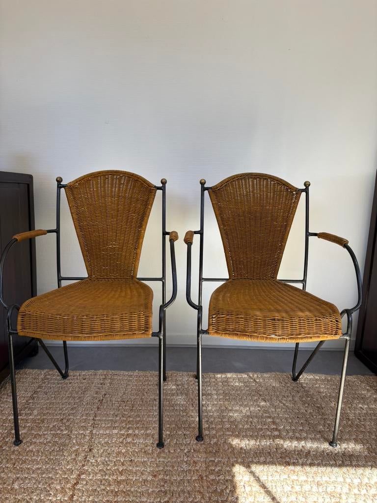 Vintage rotan smeedijzer set stoelen Frederick Weinberg, Ophalen, Twee, Bruin, Zo goed als nieuw