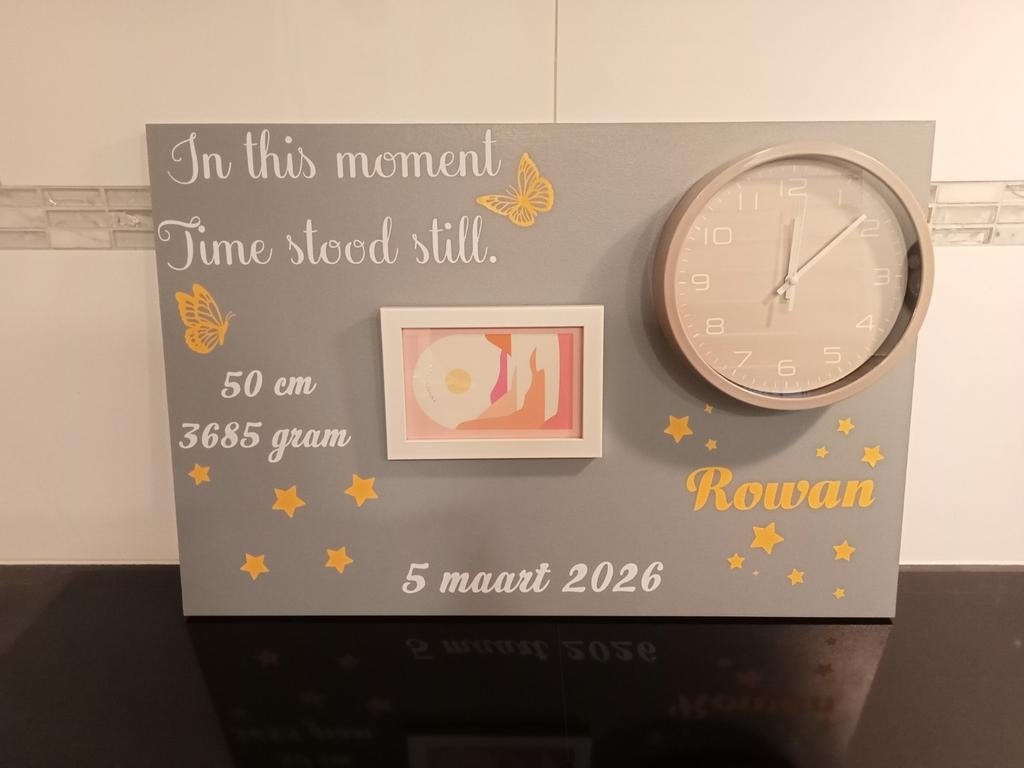 Gepersonaliseerd Geboortebord met Klok en Fotolijst, Ophalen of Verzenden, Nieuw, Geboortebord