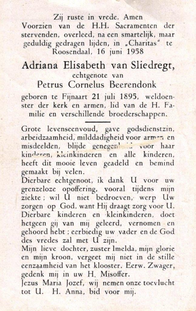 Sliedregt van Adriana Elisa. Fijnaart 1895-1958 Roosendaal, Verzamelen, Bidprentjes en Rouwkaarten, Ophalen of Verzenden