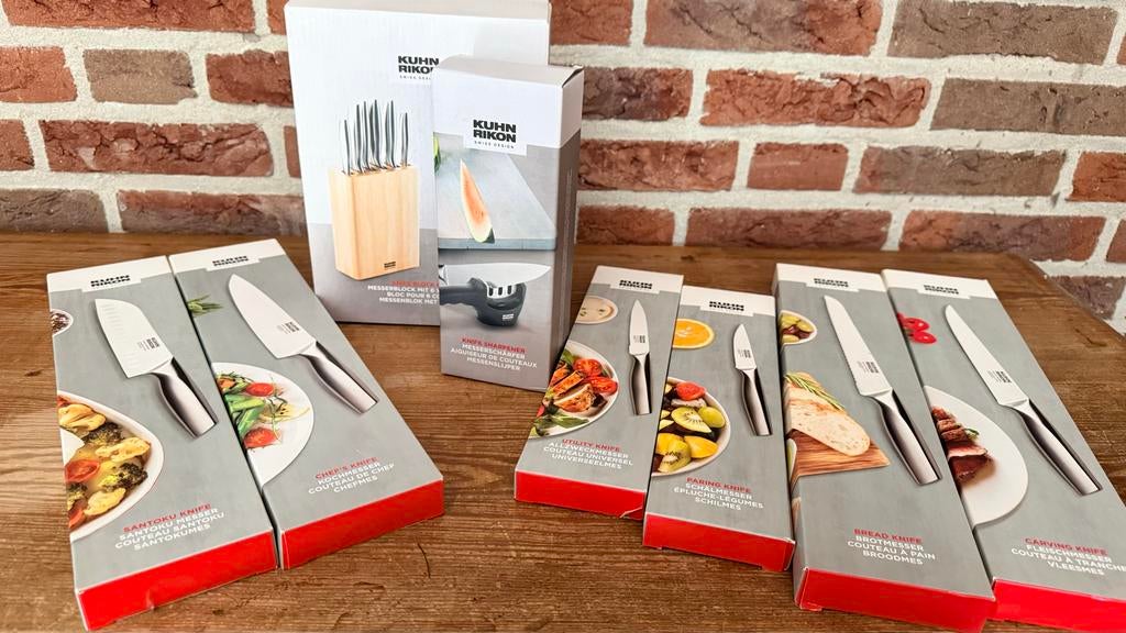 NIEUW!! Kuhn Rikon messenset met messenblok en messenslijper, Ophalen, Overige typen, Metaal, Overige merken