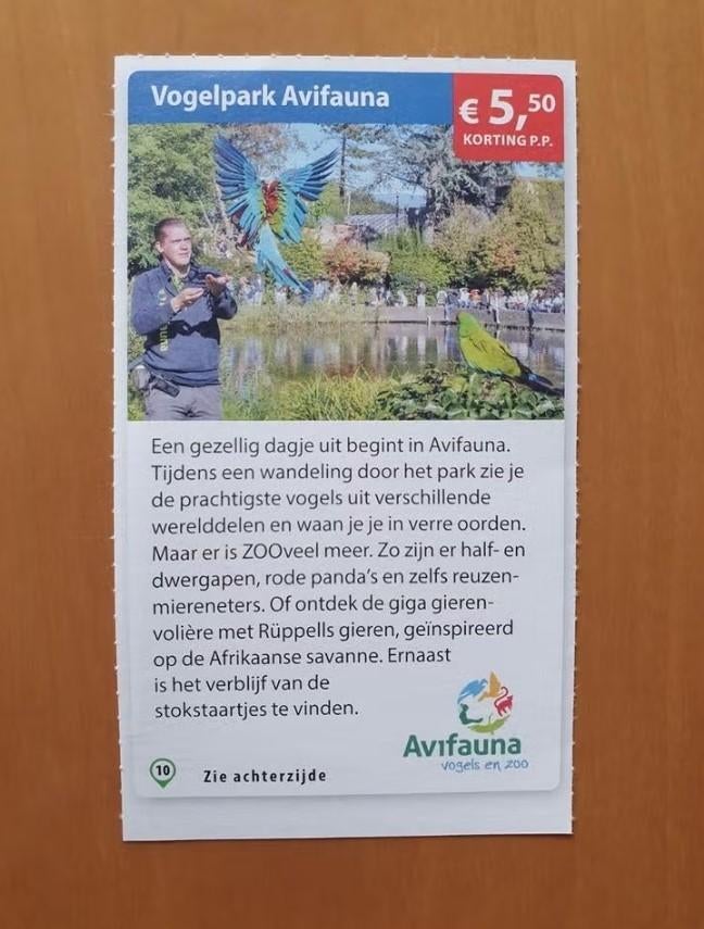 Vogelpark Avifauna €5,50 korting p.p. maximaal 5 personen, Tickets en Kaartjes, Drie personen of meer, Kortingskaart