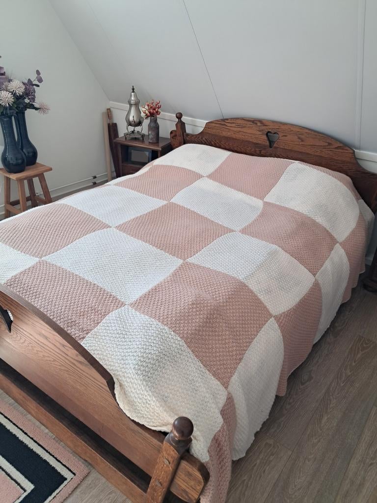 Mooi eiken 2 persoons bed incl nachtkastjes en matras, Ophalen, Gebruikt, Tweepersoons, Landelijk brocant