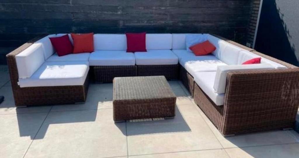 Grote, stevige bruin gemêleerde wickertuinset met salontafel, Ophalen, Gebruikt, Meer dan 8 zitplaatsen, Loungeset