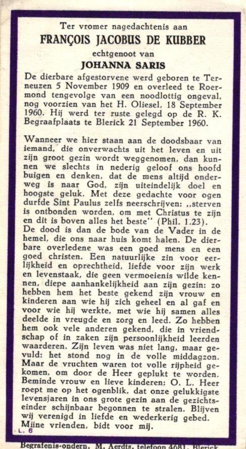 Kubber de François Jacobus Terneuzen 1909-1960 Blerick, Ophalen of Verzenden
