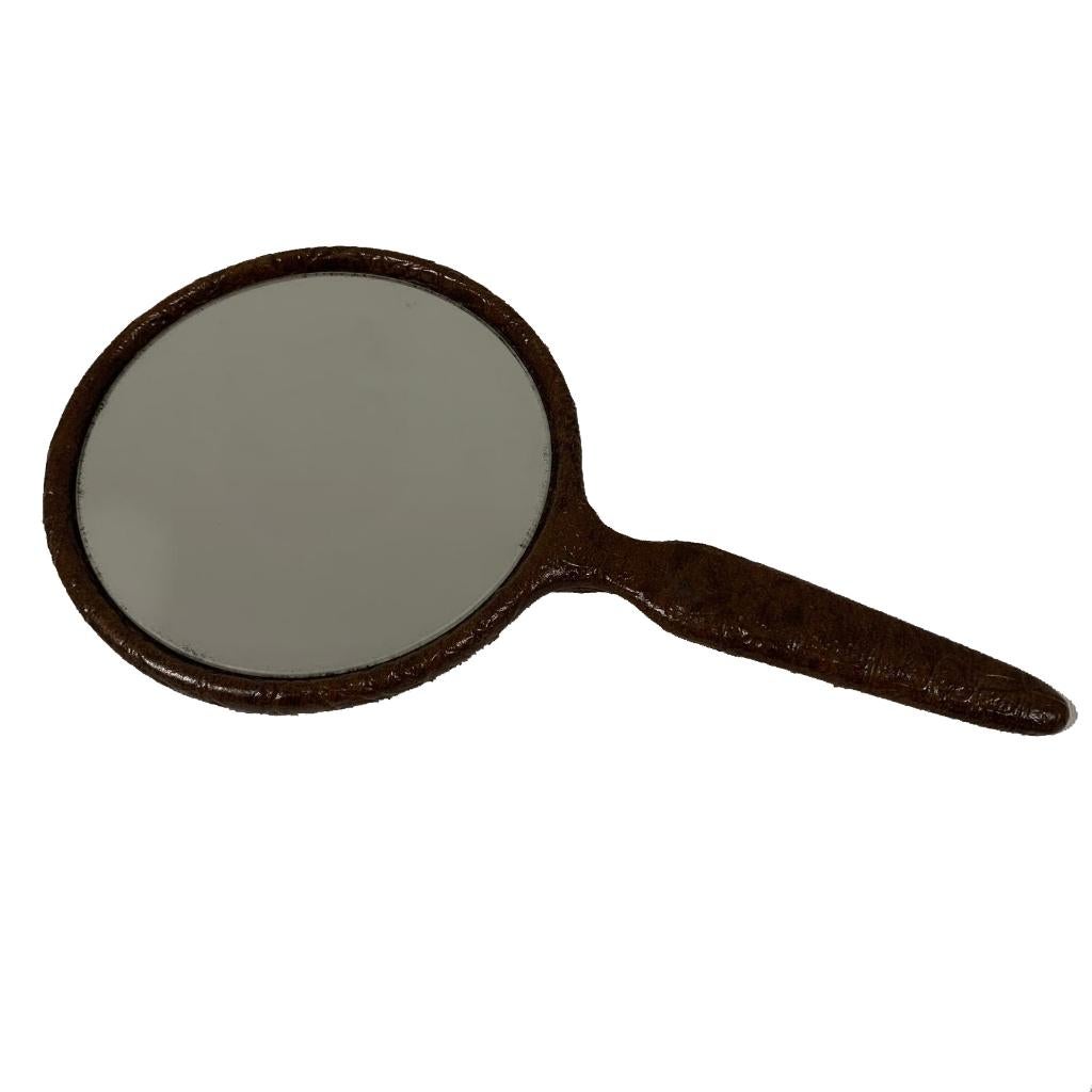 Vintage HANDSPIEGEL antieke croco leren spiegel, Ophalen of Verzenden, Rond, Minder dan 50 cm, Minder dan 100 cm