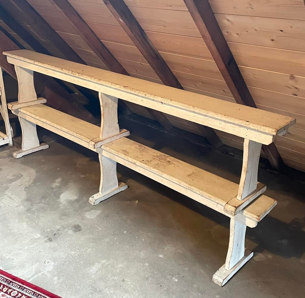 Brocante oude Franse gymzaal banken / bank 220 cm, Antiek en Kunst, Ophalen