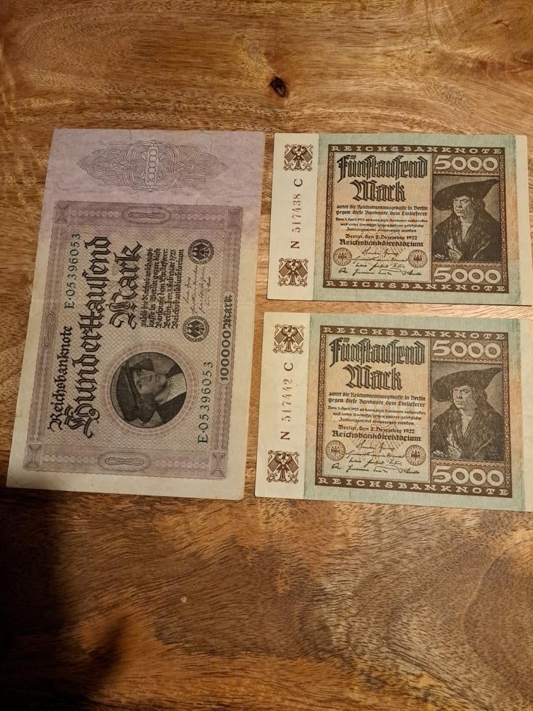 Oude Duitse bankbiljetten - 5000 & 100000 Mark, Ophalen of Verzenden, Euro's, Setje