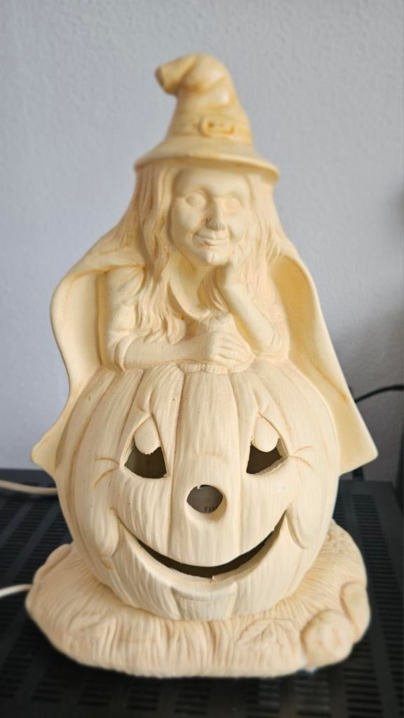 Vintage Heks op Pompoen lamp, Kunststof, Gebruikt, Crème, Ophalen of Verzenden