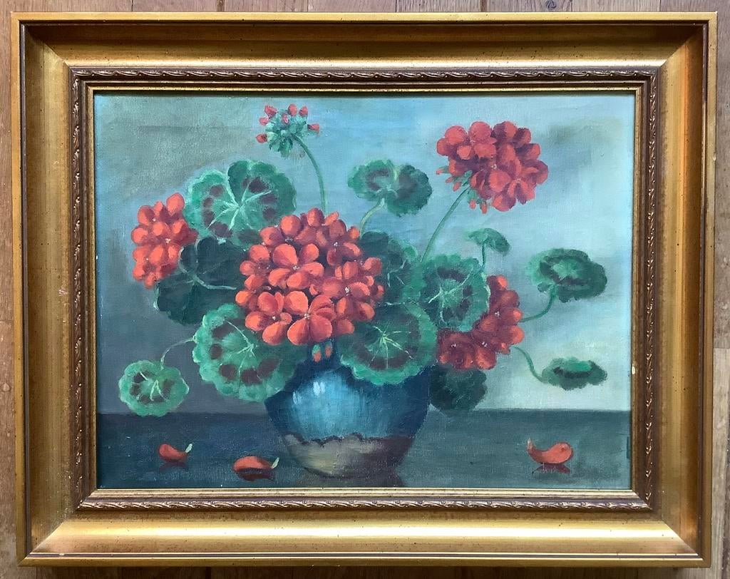 Bloemstilleven, stilleven, geranium, pot, signatuur, bloem, Antiek en Kunst, Kunst | Schilderijen | Klassiek, Ophalen of Verzenden