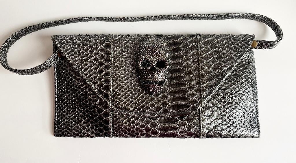 Nieuw! Skull clutch tas met strass, Verzenden, Nieuw, Grijs, Handtas