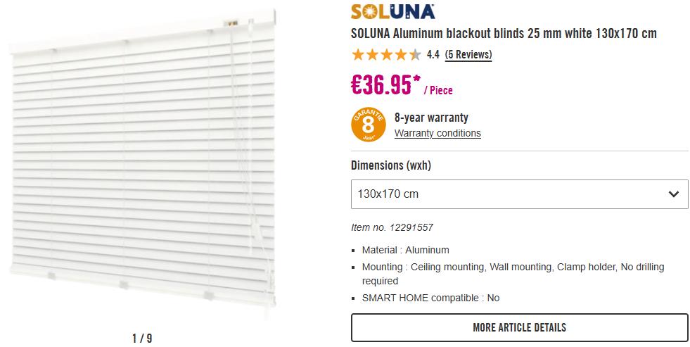 SOLUNA Aluminium verduisterende jaloezie 25 mm wit 130x170cm, Ophalen, Minder dan 50 cm, Gebruikt, 150 tot 200 cm
