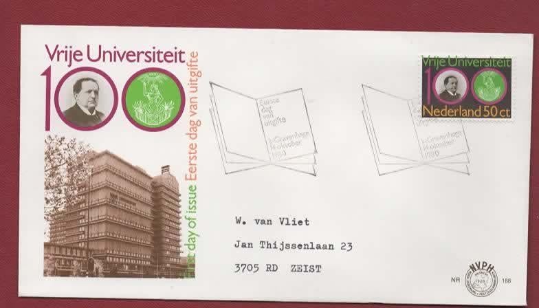 Nederland - FDC - E188 - Vrije Univ.v.A'dam 100 - '80 - besc, Postzegels en Munten, Postzegels | Eerstedagenveloppen, Ophalen of Verzenden