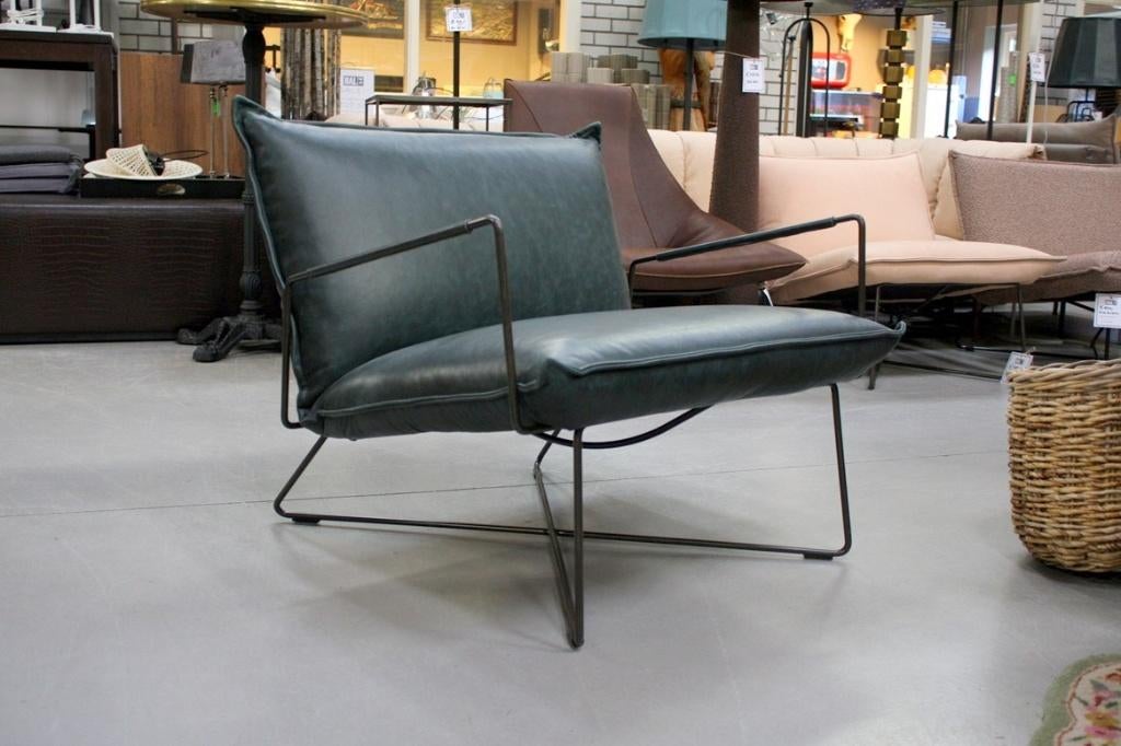 Luxe fauteuil EARL Jess Design metaal & leer Luxor Navy Blue, Huis en Inrichting, Fauteuils, Ophalen, 75 tot 100 cm, Zo goed als nieuw