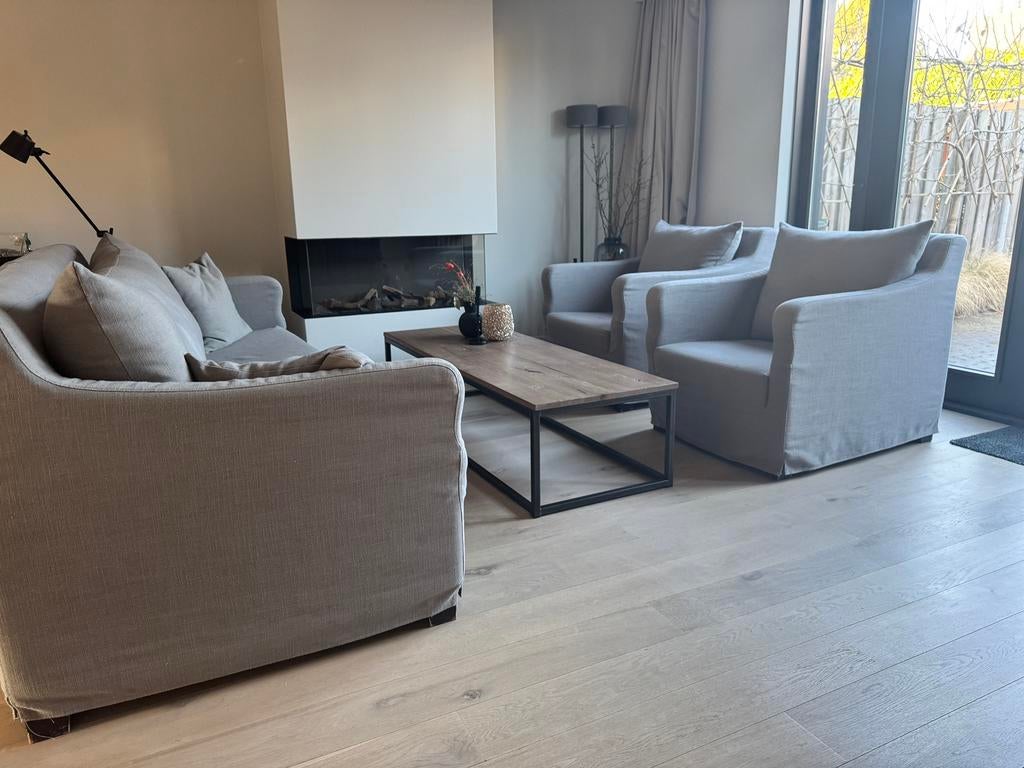 Hoffz grijze bank, salontafel Mart Kleppe tafel, Huis en Inrichting, Ophalen, Zo goed als nieuw, Stof, Landelijk