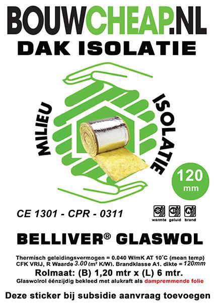 Glaswol 12cm dikte en 6meter lang €.4.25 per m2, Doe-het-zelf en Verbouw, Isolatie en Afdichting, Ophalen of Verzenden, Nieuw