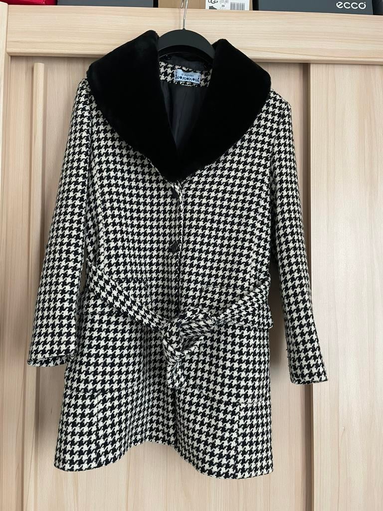 Wollen mantel stola winterjas pied de poule zwart wit 38 m, Ophalen of Verzenden, Gedragen, Maat 38/40 (M), Zwart