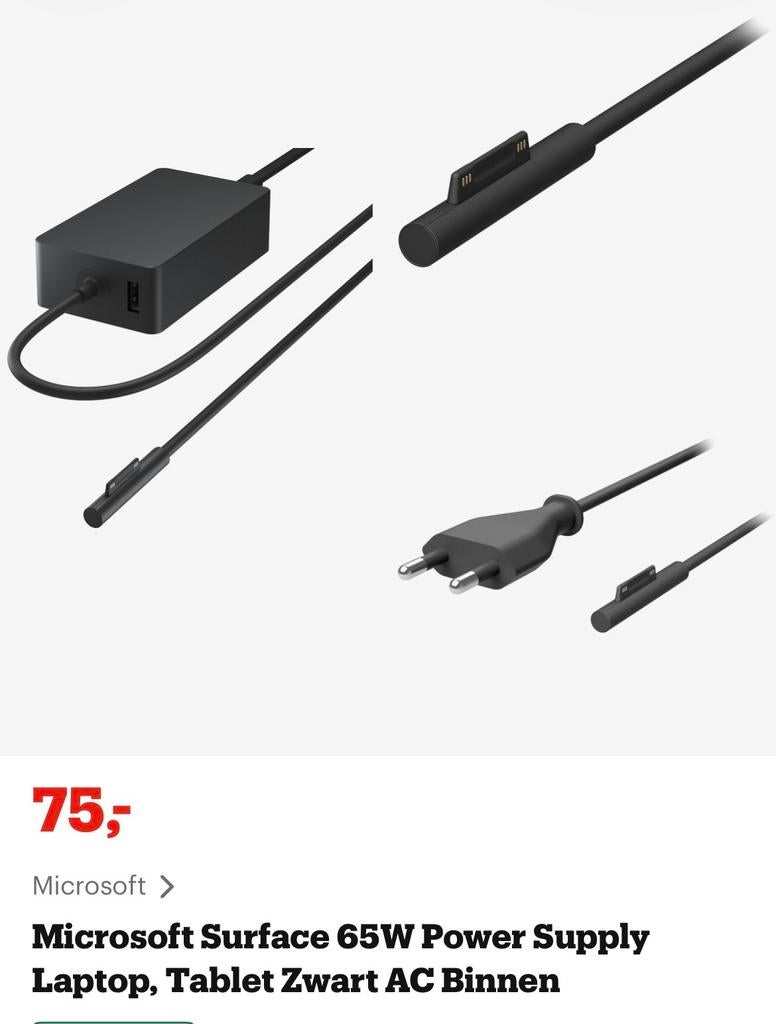 NIEUW! Microsoft Surface 65W Oplader, zwart, 1.7m, €52,99, Ophalen of Verzenden, Nieuw
