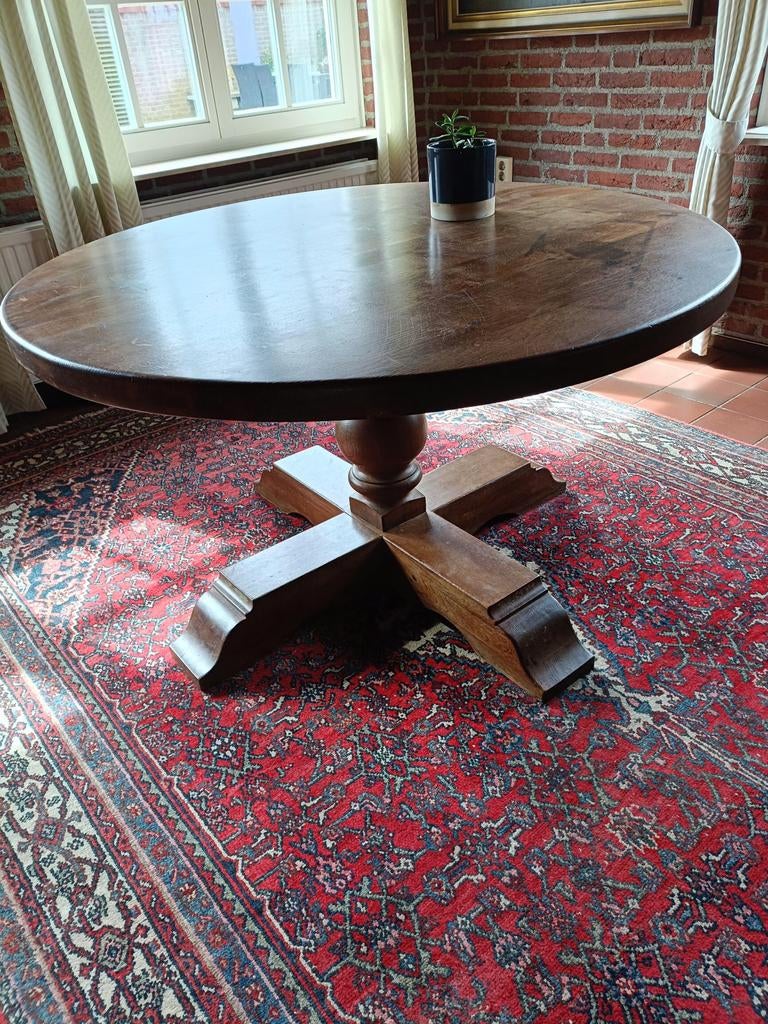 Massief ronde eiken eettafel, Ophalen, Gebruikt, 100 tot 150 cm, Klassiek