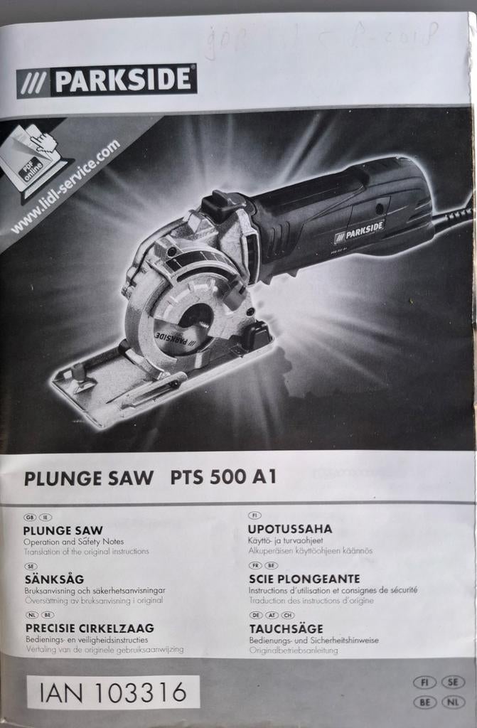 Parkside PTS 500 A1 Invalzaag - Zo goed als nieuw, Invalzaag, Ophalen of Verzenden, 30 tot 70 mm, Minder dan 600 watt