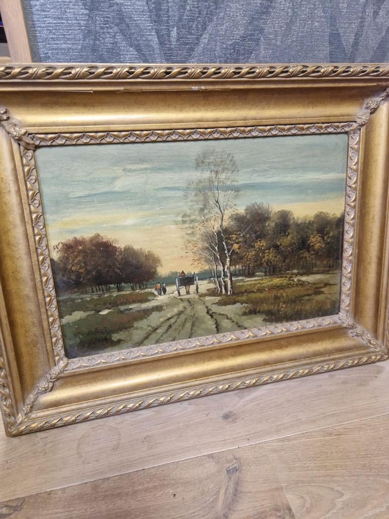Schilderij op hout met landschap en koets, Ophalen of Verzenden