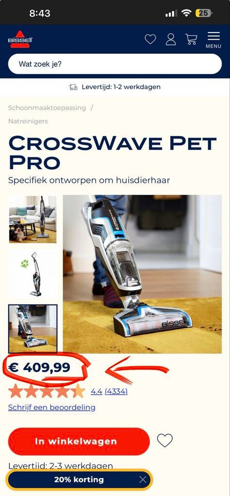 BISSELL CrossWave Pet Pro 3-in-1 Vloerreiniger (22225N), Ophalen, Nieuw, Waterstofzuiger, Minder dan 1200 watt