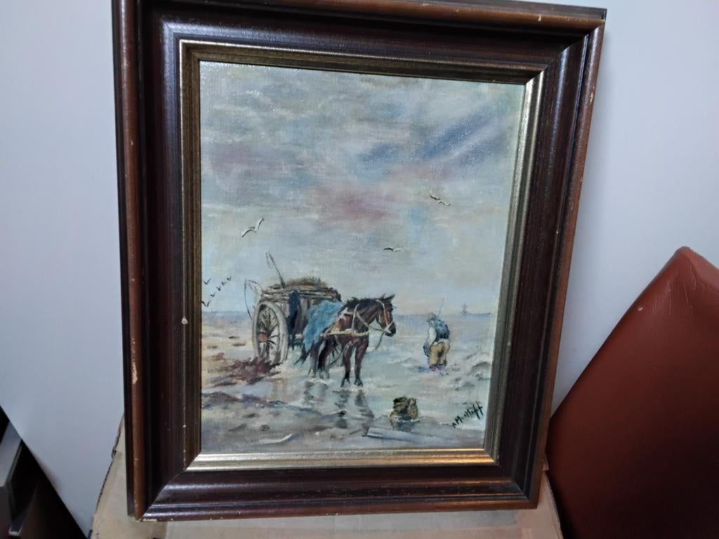 Klassiek schilderijtje schelpenvisser man met kar en paard., Antiek en Kunst, Ophalen of Verzenden