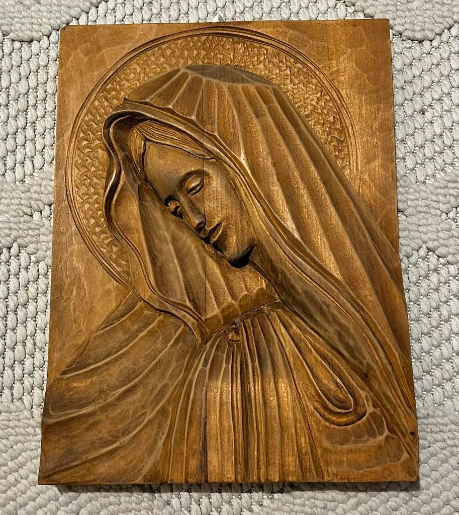 Maria Madonna vintage handgesneden wandreliëf, Antiek en Kunst, Ophalen of Verzenden