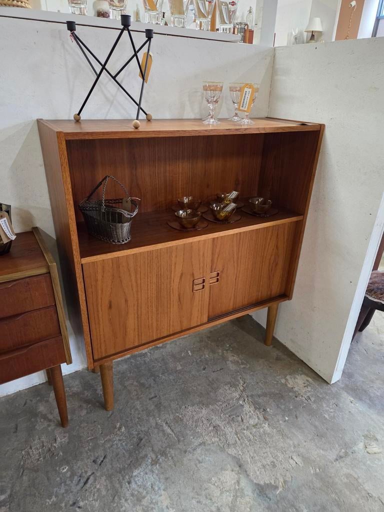 Vintage Mid-Century  deeens schuifdeur kastje boekenkast, Ophalen, Gebruikt, Mid-Century, X